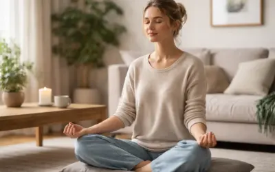 Achtsamkeitsmeditation: Frau sitzt ruhig und aufmerksam im gegenwärtigen Moment