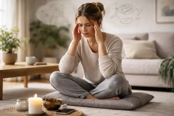 Typische Fehler bei der Achtsamkeitsmeditation: Frau wirkt gedanklich überfordert beim Meditieren