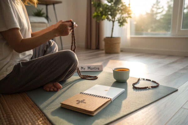 Einsteiger-Setup für Mantras: Person meditiert mit Mala-Kette und Notizbuch in ruhigem Raum.