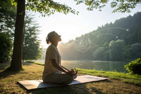 Person meditiert am See, Klangwellen symbolisieren die Wirkung von Mantras.