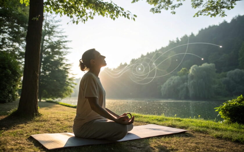 Person meditiert am See, Klangwellen symbolisieren die Wirkung von Mantras.