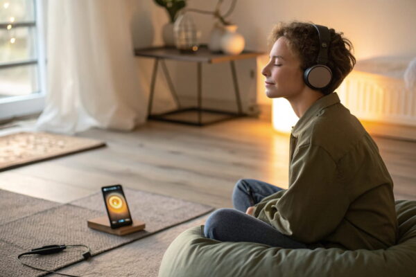 Person mit Kopfhörern sitzt meditierend und hört eine geführte Meditation, Smartphone mit Meditation-App in der Nähe.