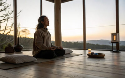 Person praktiziert Stille Meditation in einem ruhigen, minimalistischen Raum mit Sonnenaufgang im Hintergrund.