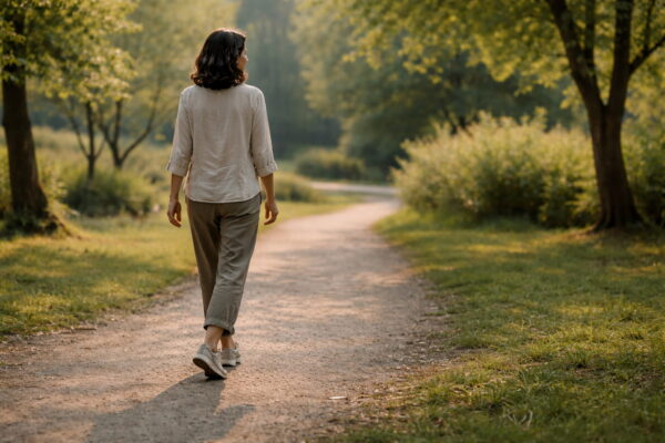 Erste Schritte bei der Gehmeditation im Alltag Frau geht achtsam einen ruhigen Waldweg entlang bei Gehmeditation fĂĽr Einsteiger