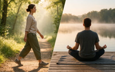 Gehmeditation für Einsteiger: Mit achtsamen Schritten innere Ruhe finden 1 Person praktiziert Gehmeditation auf Waldweg während andere Person still meditierend sitzt – Unterschied zwischen Gehmeditation und Sitzmeditation