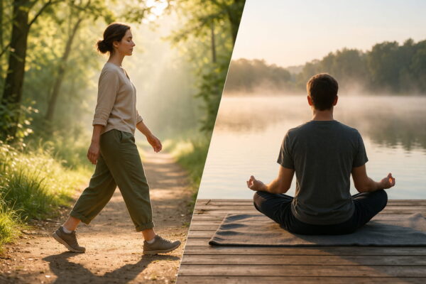 Gehmeditation im Vergleich zur stillen Meditation Person praktiziert Gehmeditation auf Waldweg während andere Person still meditierend sitzt – Unterschied zwischen Gehmeditation und Sitzmeditation